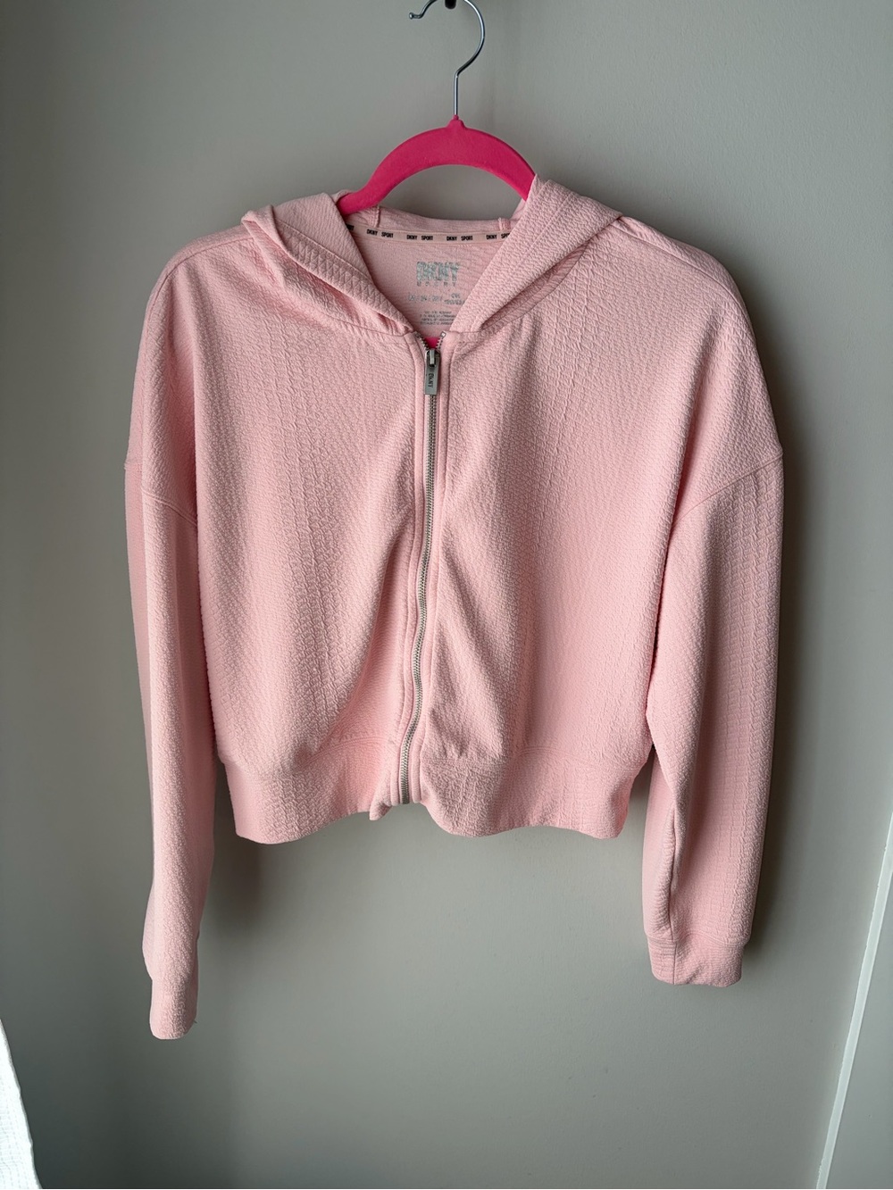 DKNY Light Pink Hooded Zip Bomber Jacket — size M